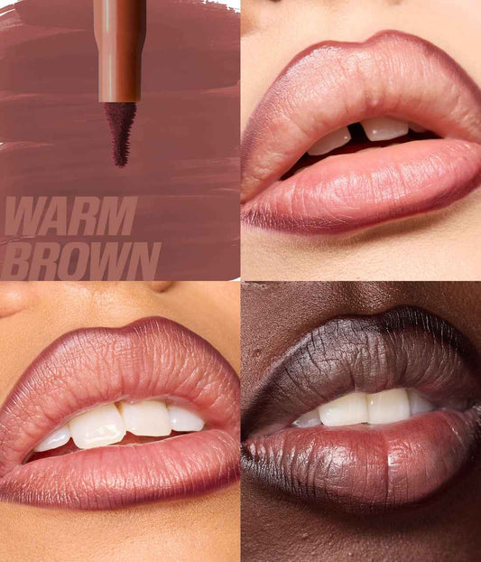 Lipstick application on lips with 'Warm Brown' text