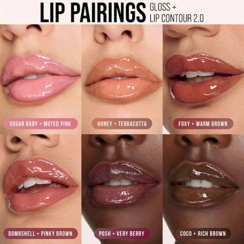 Lip gloss and lip contour product pairings on a model's lips with color labels.