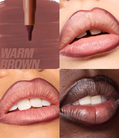 Lipstick application on lips with 'Warm Brown' text