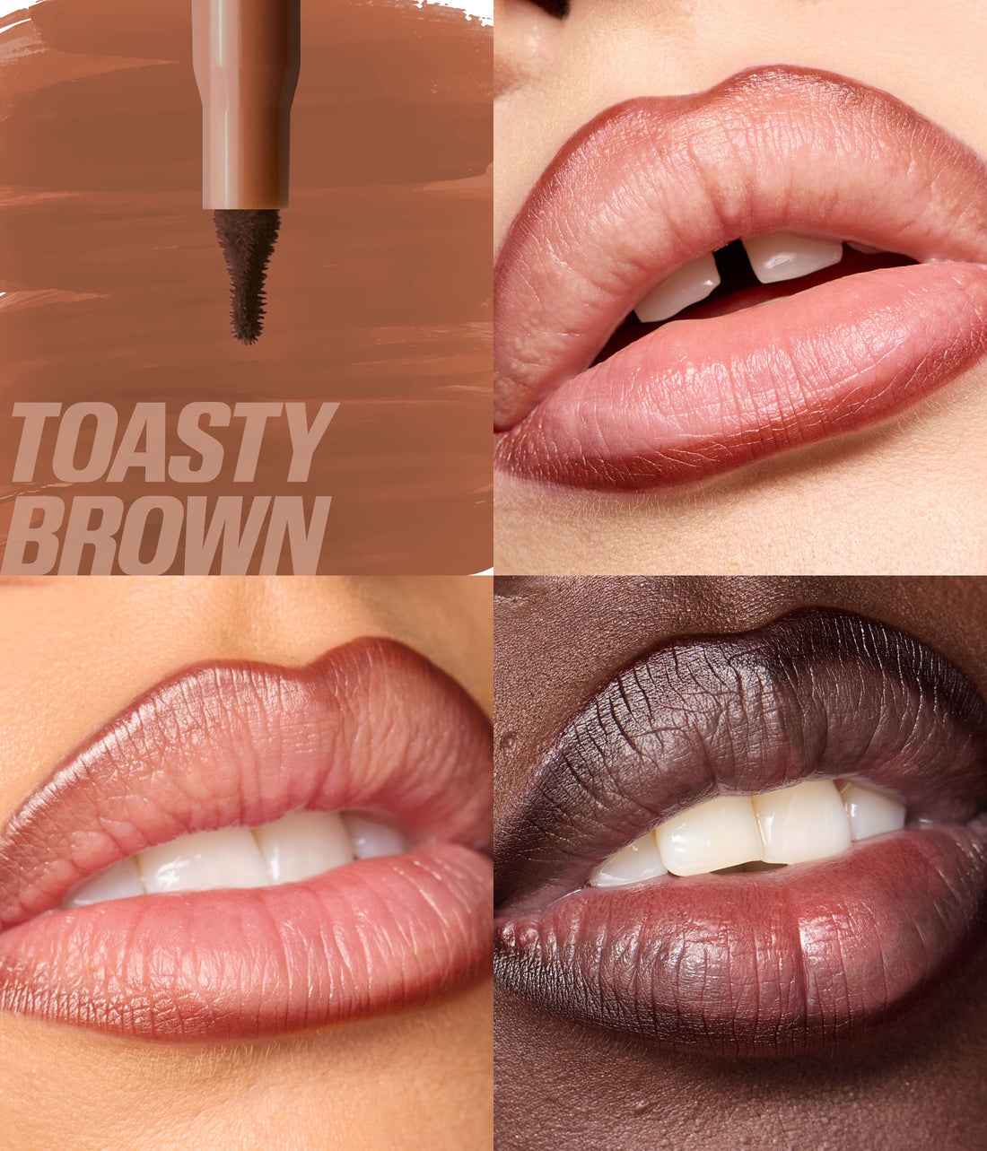 Collage of a lip pencil and lips with 'Toasty Brown' text