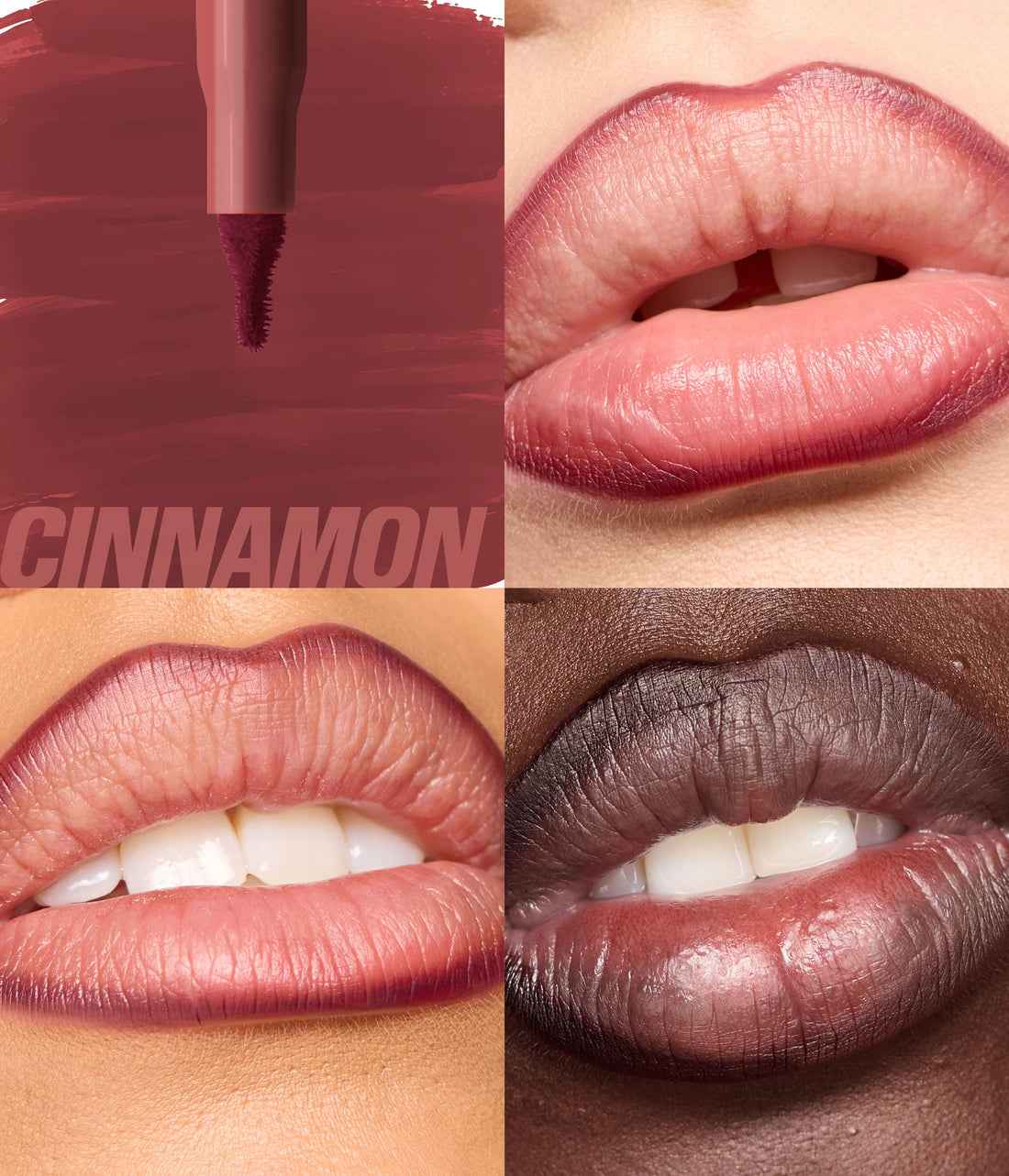 Collage of a cinnamon-colored lipstick on lips with close-up shots and text.