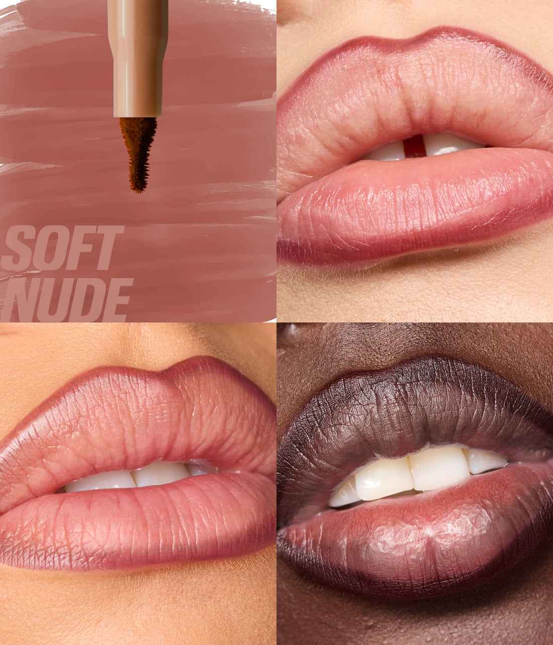 Collage of a lip product being applied with a brush, followed by close-ups of lips wearing the color 'Soft Nude'.