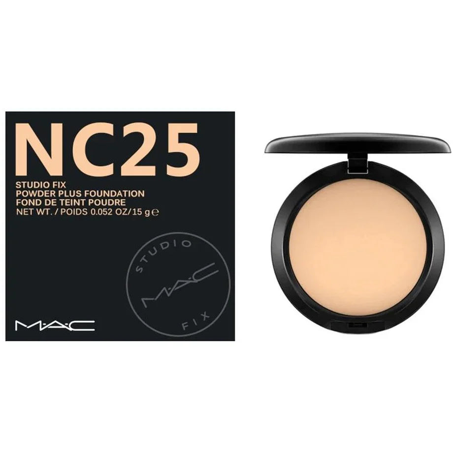 MAC Studio Fix Powder Plus Foundation in NC25 with packaging on a white background