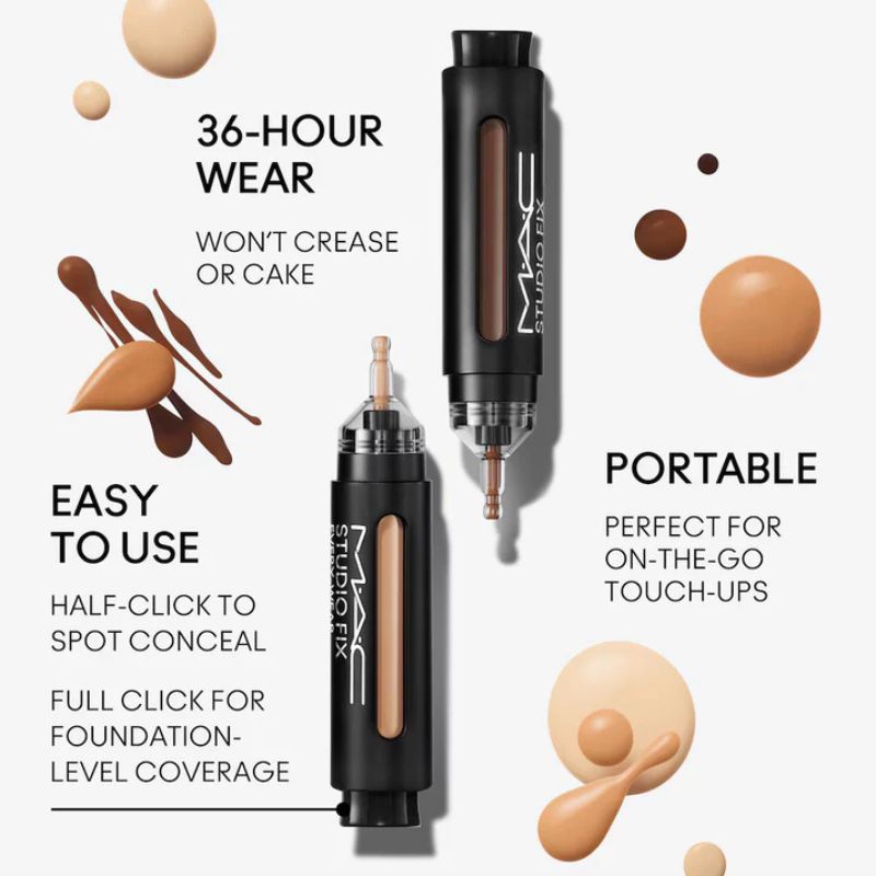 MAC Studio Fix makeup tools with text highlighting features on a white background
